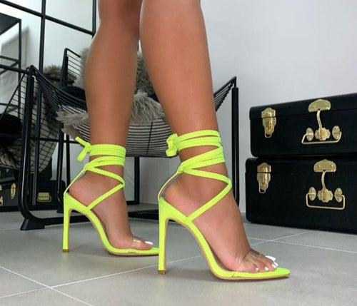 JINJOE Shoes Women Cross-tied Sandals Rome Heels Sexy pumps Stiletto Gladiator Fluorescent green pink Plus large size 43 Nylon