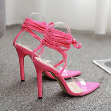 Load image into Gallery viewer, JINJOE Shoes Women Cross-tied Sandals Rome Heels Sexy pumps Stiletto Gladiator Fluorescent green pink Plus large size 43 Nylon