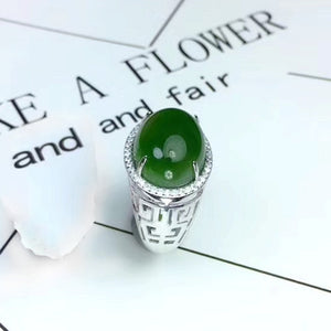 Chinese Style Silver Jade 12 mm * 16 mm Natural Green Jade Silver Ring