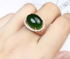 Chinese Style Silver Jade 12 mm * 16 mm Natural Green Jade Silver Ring