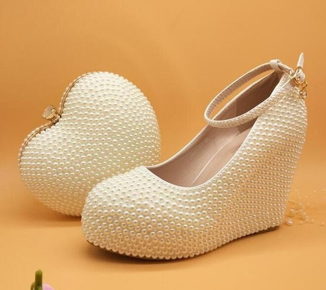 BaoYaFang Womens wedding shoes with matching bags High Wedges Heart purse White/Cream Beads party shoes and bags Buckle Strap