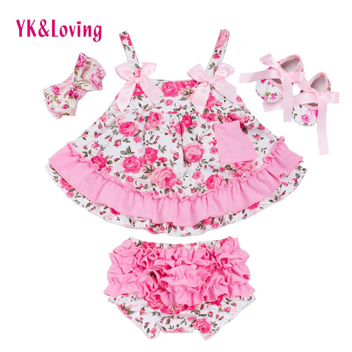 Summer Style Baby Swing Top Rose Baby Girls Clothing Set Infant Ruffle Outfits Bloomer Headband Newborn Girl Clothes Sets