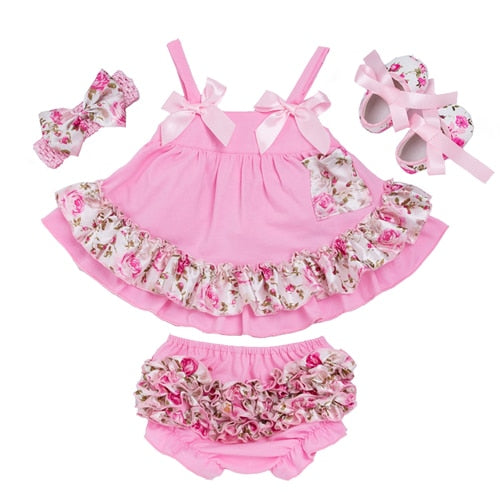 Summer Style Baby Swing Top Rose Baby Girls Clothing Set Infant Ruffle Outfits Bloomer Headband Newborn Girl Clothes Sets