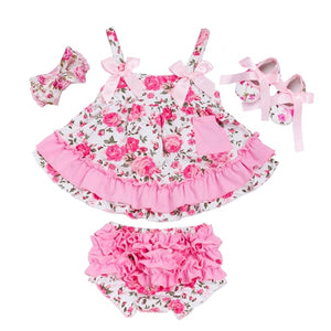 Summer Style Baby Swing Top Rose Baby Girls Clothing Set Infant Ruffle Outfits Bloomer Headband Newborn Girl Clothes Sets