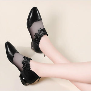 Pointed Elegant Women Black Lace Ankle Flower High Heel