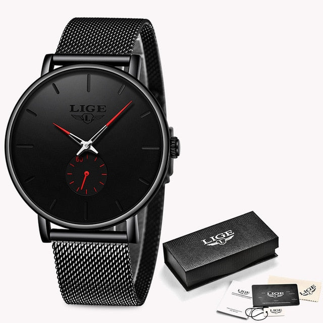 2019 New LIGE Blue Casual Mesh belt Fashion Quartz Gold Watch Mens Watches Top Brand Luxury Waterproof Clock Relogio Masculino