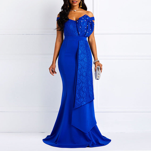 Women Off Shoulder Long Dress Sexy Mermaid Slash Neck Beads Skinny Prom Evening Fashion Plus Size Lace Elegant Party Maxi Dress