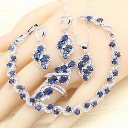 925 Silver Jewelry Sets For Women Royal Blue Semi-precious Earrings Bracelet Rings Necklace Pendant Wedding Jewelry Gift Box