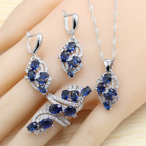 925 Silver Jewelry Sets For Women Royal Blue Semi-precious Earrings Bracelet Rings Necklace Pendant Wedding Jewelry Gift Box