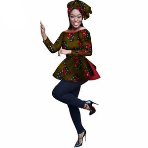 2019 African Print Wax Shirt for Women Dashiki Long Sleeves Africa Clothing Plus Size Traditional African Clothing WY3121