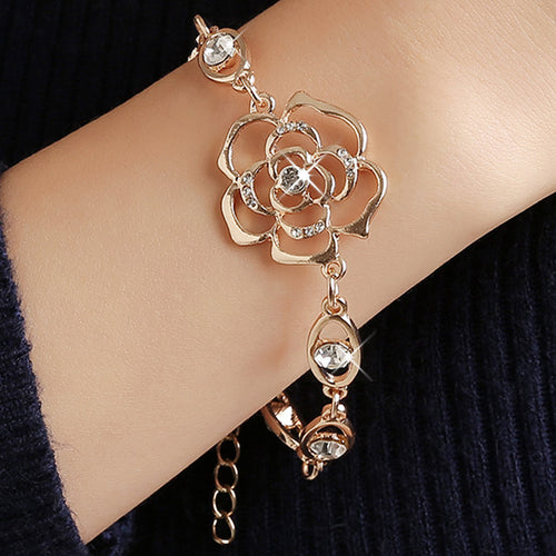 Hot 1pc Gold Color Austrian Crystal Hollow Charming Rose Flower Chain Bracelet For Women Jewelry