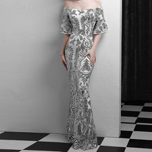 Load image into Gallery viewer, Chic Sequined Long Evening Party Dress Sexy Off Shoulder Slash Neck Women Maxi Dress Gold Silver Slim Fit Flare Sleeve Club Robe