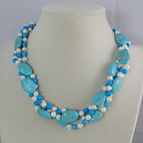 Unique Pearls jewellery Store,3rows Blue Turquoise White Freshwater Pearl Necklace,Charming Women Gift Jewelry