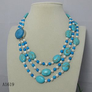 Unique Pearls jewellery Store,3rows Blue Turquoise White Freshwater Pearl Necklace,Charming Women Gift Jewelry