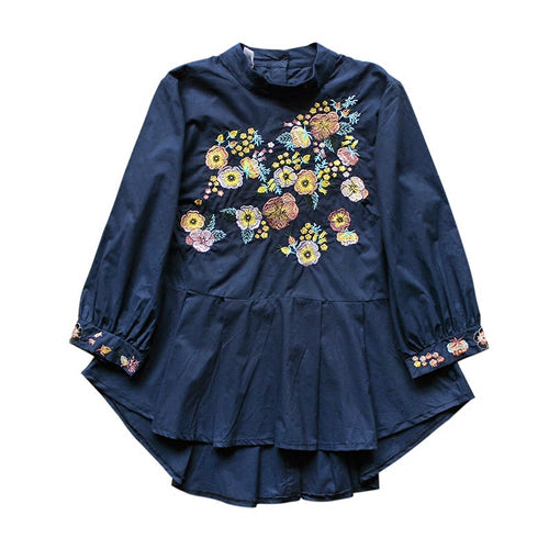 Spring Autumn Casual Sweet Shirt Women Clothing Stand Collar Long Sleeve Floral Embroidery Tops Cotton Blouse Blusa Plus Size