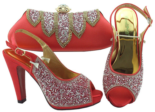 Latest Design Coral dies Italian Shoe and Bag Set Decorated with Crystal Shoe and Matching Bag for Nigeria Party African Pumps