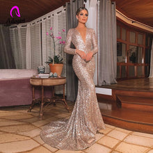 Load image into Gallery viewer, Elegant Long Rose Gold Sequin Evening Party Dress Vestido De Festa Robe Long Sleeve Gowns Formal Party Dress Reflective Dress