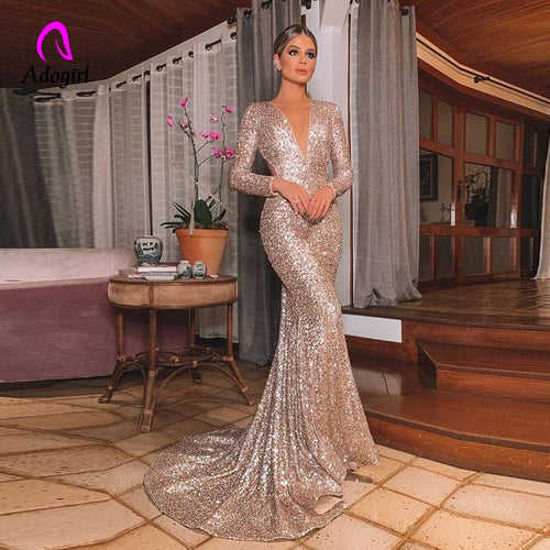 Elegant Long Rose Gold Sequin Evening Party Dress Vestido De Festa Robe Long Sleeve Gowns Formal Party Dress Reflective Dress