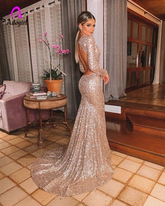 Elegant Long Rose Gold Sequin Evening Party Dress Vestido De Festa Robe Long Sleeve Gowns Formal Party Dress Reflective Dress