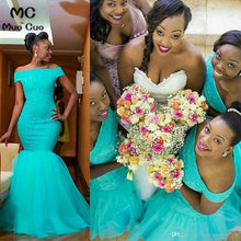 Load image into Gallery viewer, Hot South African Nigerian Bridesmaid Dresses Mermaid Maid Of Honor Gowns For Wedding Off Shoulder Turquoise Bridesmaid Dress