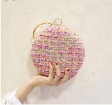 Load image into Gallery viewer, Plaid Fabric Round Handbag Clutch With Rhinestone Handle Wedding Bridal Party .