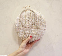 Load image into Gallery viewer, Plaid Fabric Round Handbag Clutch With Rhinestone Handle Wedding Bridal Party .