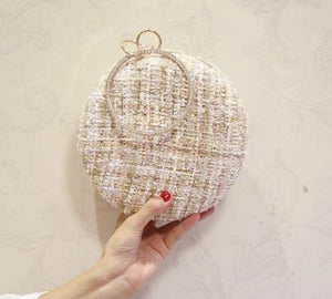 Plaid Fabric Round Handbag Clutch With Rhinestone Handle Wedding Bridal Party .