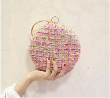 Load image into Gallery viewer, Plaid Fabric Round Handbag Clutch With Rhinestone Handle Wedding Bridal Party .