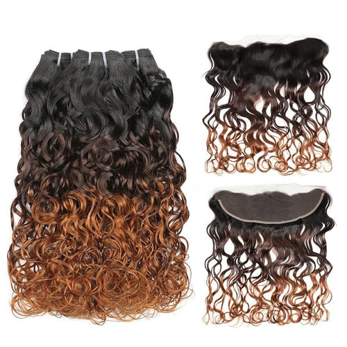 Code Calla Ombre Color Water Wave Bundles With 13*4 Lace Frontal Free Part Closure Brazilian Raw Virgin 100%