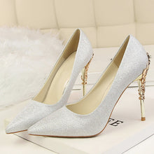 Load image into Gallery viewer, bridal shoes gold high heels pointed toe pumps