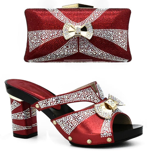 Latest Red Color African Shoes and Matching Bag with Rhinestone Nigerian Shoe