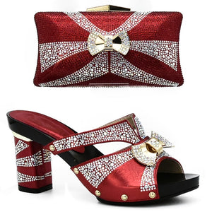 Latest Red Color African Shoes and Matching Bag with Rhinestone Nigerian Shoe