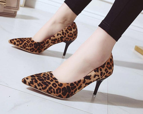 Leopard Shoes Women Pumps Office Stiletto Faux Suede Sandals