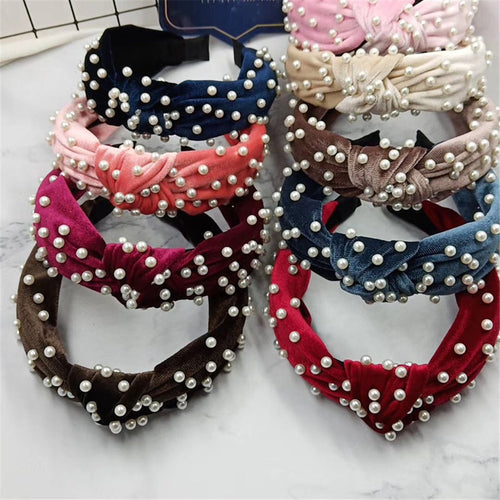 Bohemian Solid Color Soft Velvet Center Knot Wide Hairband with Pearl Knotted Hairband customized Hair Accessories