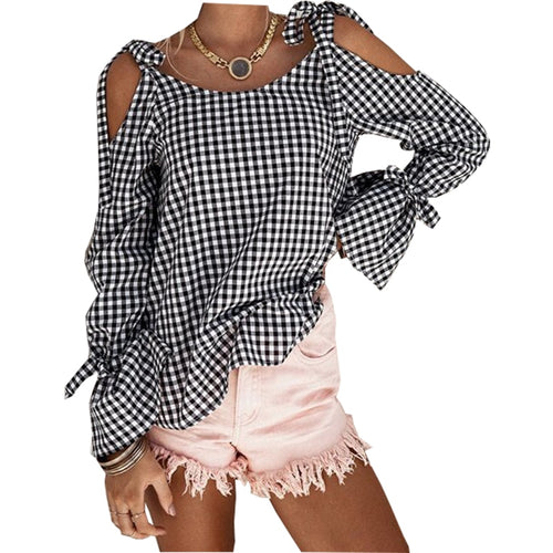 Women's new casual custom color check cross straps long-sleeved bow shirt